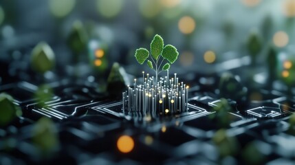 Fototapete - A Digital Forest Emerging from a Circuit Board with Lush Green Trees Symbolizing the Fusion of Nature and Technology in a Futuristic Environment