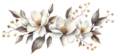 Wall Mural - PNG Borde gold and silver floral flowers magnolia blossom.