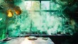 © Puchong - Sunlit kitchen scene with green fog and lush foliage obscuring a window.  A mysterious, atmospheric setting with warm lighting and a countertop.