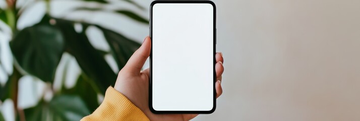 Wall Mural - woman holding a modern smartphone with a blank white screen, perfect for displaying mobile app or we