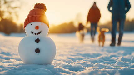 Wall Mural - snowman melting under the setting sun in a snowy park, with dog walkers strolling in the background,
