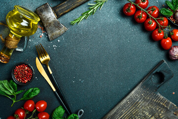 Wall Mural - Cooking banner. Background with spices and vegetables. Top view. Free space for your text.