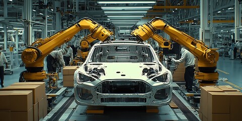Leinwandbilder - Automated Car Manufacturing Factory with Robotic Arms in Action : Generative AI