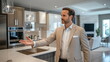 © jihee - A charismatic realtor in a beige suit gestures towards an open-plan kitchen during a luxury home tour. The setting exudes elegance with warm lighting highlighting premium features.