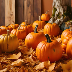 Pumpkins, fallen leaves, and rustic wooden textures in a warm color palette.