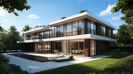 Canvas Print - Luxury Modern Villa with Expansive Glass Windows and Poolside Patio Area : Generative AI