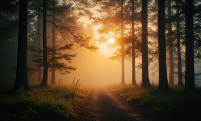 Wall Mural - Mystical forest path at sunrise