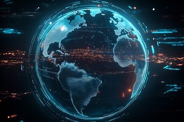 Fototapete - Futuristic Digital Globe with Glowing Blue Grids Representing Global Connectivity : Generative AI
