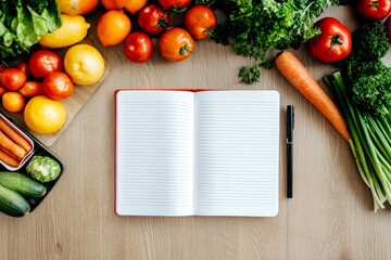 Wall Mural - A vibrant arrangement of fresh vegetables and fruits next to an open notebook and a pen on a wooden surface, promoting healthy eating and meal planning.