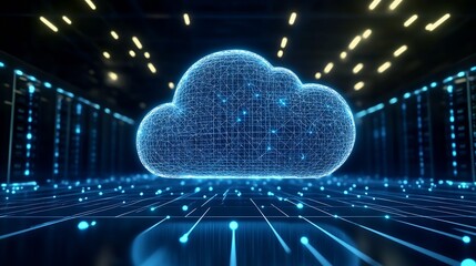 Fototapete - Digital Cloud Technology with Futuristic Data Visualization in Secure Server Environment : Generative AI