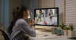 © ChayTee - Happy smile asia young talent woman learn mba college class on webcam video call in desktop screen with cowork friend workforce group talk in sale report. Smart job work at home for staff workspace.