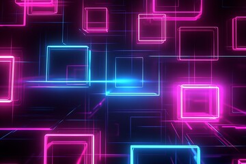 Poster - Abstract Neon Blue and Pink Glowing Squares on Dark Digital Background : Generative AI