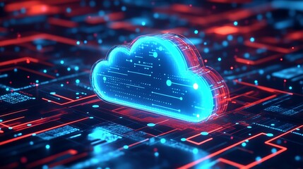 Fototapete - Glowing Blue Digital Cloud in a Network Representation for Technology and Data : Generative AI