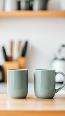 Aufkleber - Two empty modern pastel green coffee mugs are sitting on a wooden kitchen counter, ready for a hot beverage, with kitchen utensils and shelves in the blurred background
