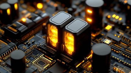 Fototapete - Close Up of a Modern Circuit Board with Glowing LED Components : Generative AI