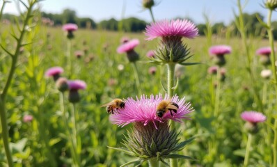 Canvas Print - Busy bees on vibrant pink flowers