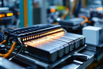 Fototapete - High Tech Lithium Ion Battery Manufacturing Process in Advanced Production Facility : Generative AI