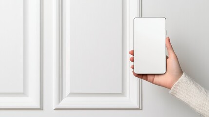 Wall Mural - woman holding a smartphone with a blank white screen, creating ample copy space for advertising. cle