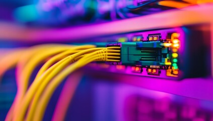 Aufkleber - Vibrant Ethernet Cable Connections in a Data Center with Neon Lighting : Generative AI
