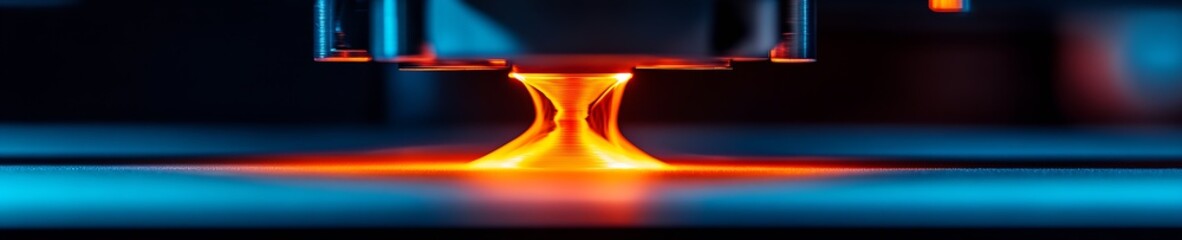 Fototapete - Closeup of glowing 3D printer extruder depositing orange filament during precision manufacturing process : Generative AI
