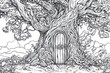 © Татьяна Евдокимова - Intricate black and white drawing of an ancient, gnarled tree with a mysterious door, inviting exploration into a fantastical realm