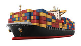 Massive cargo container ship loaded with colorful shipping crates, international freight transportation vessel at sea, maritime industry isolated on transparent background