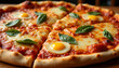 © Maria - Artisanal Pizza with Up Eggs and Fresh Basil Leaves. AI Generation