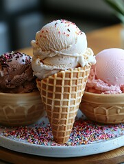 Wall Mural - Delightful ice cream cone with flavors of vanilla, chocolate, and strawberry surrounded by colorful sprinkles on a wooden table