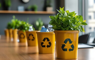 Aufkleber - Business team engaged in a meeting on recycling and sustainability initiatives in a modern, minimalist office space with ecofriendly features