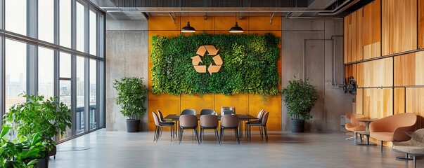 Aufkleber - Corporate business meeting centered on recycling and sustainability, held in a hightech office space with ecofriendly designs and modern furniture