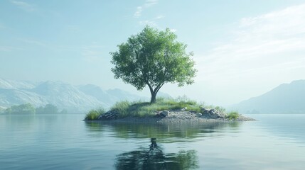 Poster - A picturesque island with a single tree surrounded by glassy waters under a peaceful, clear sky