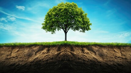 Canvas Print - A single tree in a scenic field of green grass and brown soil, with a tranquil blue sky overhead