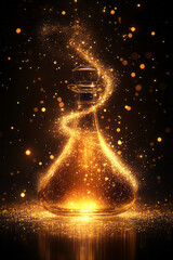Poster - A golden sparkling silhouette of a perfume bottle, glowing with delicate particle effects, displayed on a plain black background,,