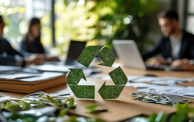 Aufkleber - Modern office business meeting, with a team working on sustainability plans and recycling strategies, with a focus on green technology and ecoconscious designs