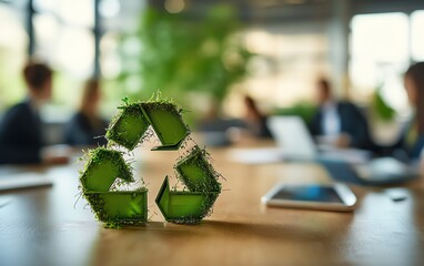 Aufkleber - Modern office business meeting, with a team working on sustainability plans and recycling strategies, with a focus on green technology and ecoconscious designs