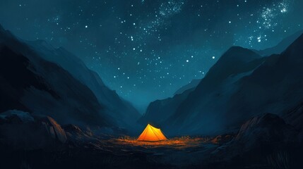 Wall Mural - A solitary orange tent glowing brightly in a dark mountainous valley under a star-filled sky