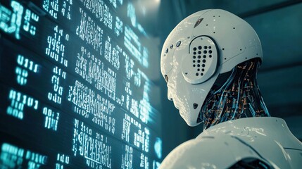 Robot in front of a screen filled with digital data, codes, and futuristic interface elements. Concept of technology and cyber themes. Generative by AI.
