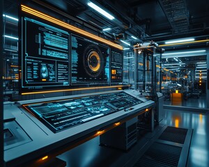 Aufkleber - Advanced automated production line in a modern factory, with digital screens and futuristic technology enhancing manufacturing capabilities