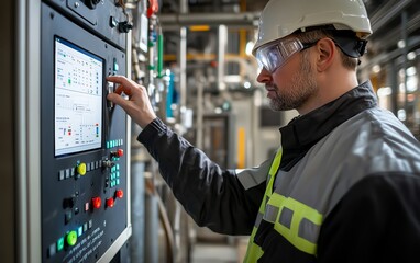 Aufkleber - Engineer in safety gear and highvisibility jacket, controlling the machinery through a digital panel in a modern industrial factory environment