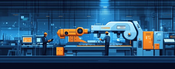 Poster - Engineers collaborating on machinery in an industrial factory, with modern equipment, digital interfaces, and hightech tools enhancing productivity