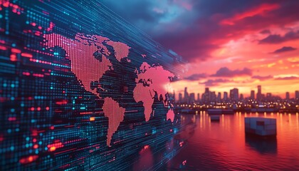 Poster - Global shipping containers in a digital logistics network, with a world map display and the vibrant colors of a sunset creating a dynamic scene of international trade