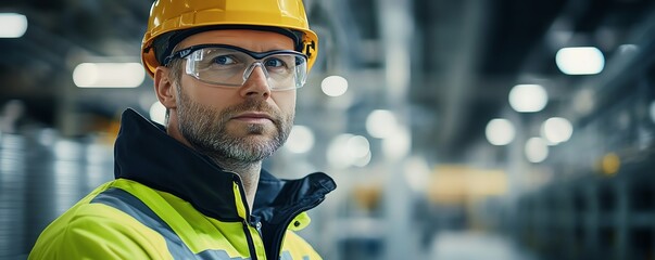 Poster - Industrial engineer in highvisibility jacket and safety gear, operating a complex control panel in a cuttingedge factory, monitoring automated production processes