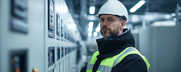 Aufkleber - Industrial engineer in highvisibility jacket and safety gear, operating a complex control panel in a cuttingedge factory, monitoring automated production processes