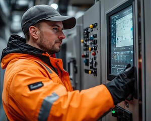 Poster - Industrial engineer operating a control panel in a modern factory, wearing safety gear and a highvisibility jacket, overseeing advanced machinery and production lines