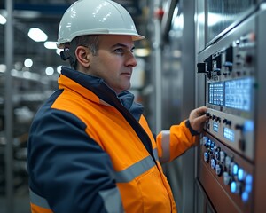Poster - Industrial engineer operating a control panel in a modern factory, wearing safety gear and a highvisibility jacket, overseeing advanced machinery and production lines