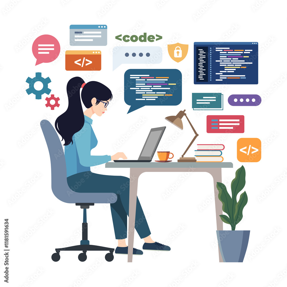 Flat Vector Design Illustration Image of a Female Programmer sitting ...