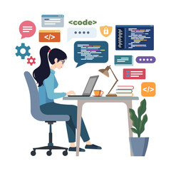 flat vector design illustration image of a female programmer sitting facing a laptop doing coding, i