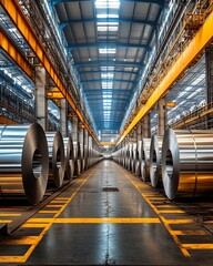 Aufkleber - Industrial warehouse showcasing large rolls of steel, in a cuttingedge manufacturing facility with modern machinery, efficient layout, and ample lighting