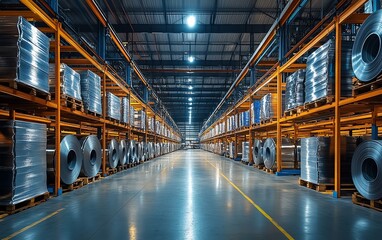 Aufkleber - Industrial warehouse with rows of large steel rolls, in a contemporary manufacturing facility with hightech machinery and bright, even lighting