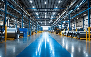 Aufkleber - Industrial warehouse with rows of large steel rolls, in a contemporary manufacturing facility with hightech machinery and bright, even lighting